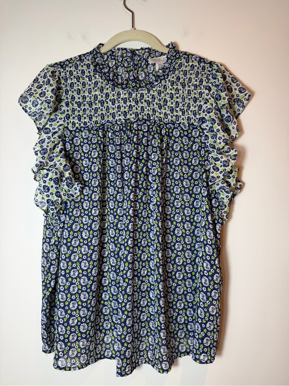 Rachel Zoe Floral Smocked Flutter Sleeve Blouse Blue Green White Boho Top XL